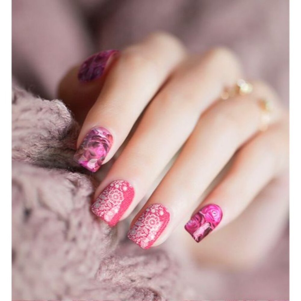 Candied Nails Pink Floral Nail Polish Strips Non-Toxic 16 Strips Lasts Up To 10